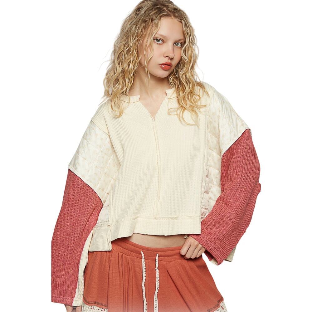 NWT POL Women’s Boho Oversized Mixed Media Quilted Thermal Top